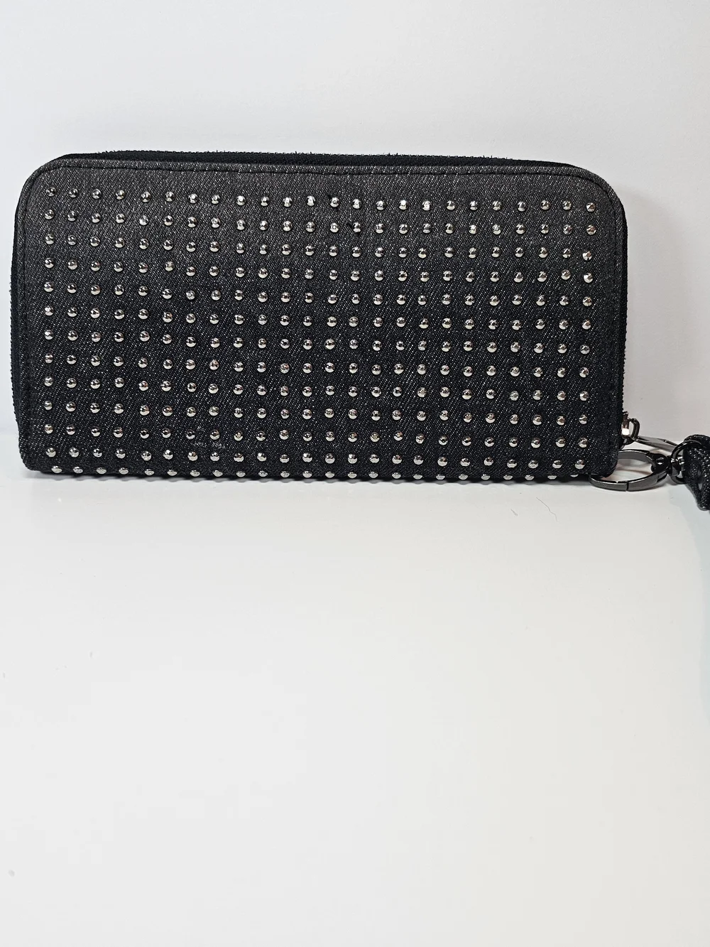 Black Denim Metal Studded Zip-Around Wristlet Wallet